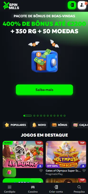 Logo SpinMills casino com 350 rodadas grátis